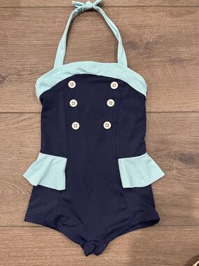 Janie and Jack Navy and Light Blue Peplum Halter One-Piece Swimsuit 110